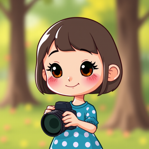 Create a cute cartoon character of a girl with a bob haircut, wearing a polka-dotted blue dress, smiling softly, using a DSLR camera with a 50mm lens, f/1.8 aperture, ISO 100, natural soft lighting, from a straight-on view with a vibrant color palette.
