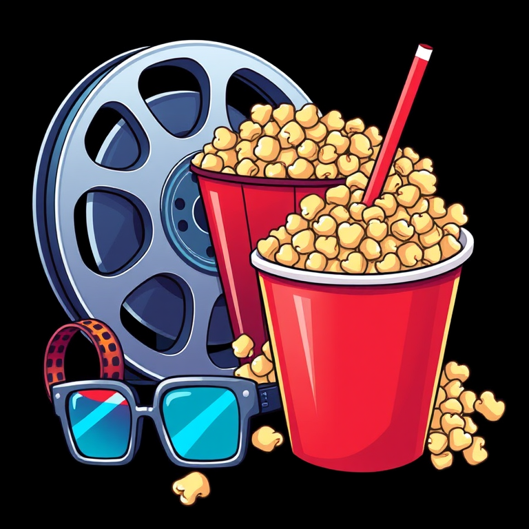 Create an illustration of a film reel, a large bucket of popcorn, a soda cup with a straw, and 3D glasses, with a focus on vibrant colors and a playful cartoon style, using a DSLR camera, shot from a top-down view, aperture set to f/2.8 for a shallow depth of field, ISO 200 for clarity, and a shutter speed of 1/125 to capture details.