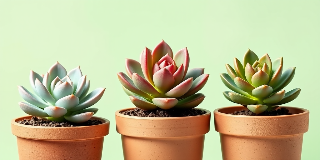 Create a digital illustration of three succulent plants in pots, with a soft pastel green background, using a DSLR camera with a 50mm lens, f/1.8 aperture, shutter speed 1/100s, and ISO 200, focusing on macro details for enhanced texture and colors.