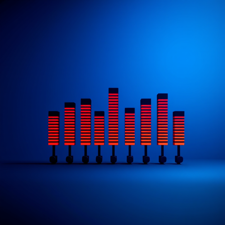 Create a minimalist digital illustration of equalizer sliders on a gradient blue background, soft lighting, focus mode: macro, aperture: f/2.8, ISO: 100, camera type: DSLR, camera view: eye-level.