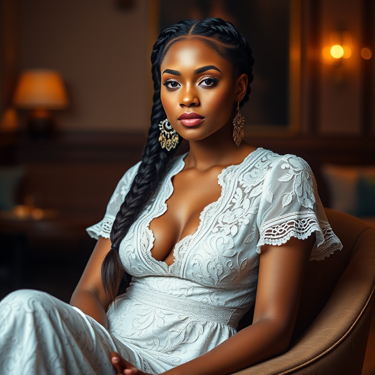 Create a portrait of a refined and elegant Zambo woman seated in a sophisticated setting. She has long, wavy hair styled in two thick braids that are pulled over her shoulders. She wears a white, lace gown with intricate patterns, featuring a deep V-neckline and short sleeves. The dress exudes a vintage charm with its delicate lacework. She is adorned with ornate, dangling earrings that add a touch of glamour to her appearance. The background is softly lit, with warm, ambient lighting that creates a cozy and inviting atmosphere. Her expression is poised and serene, capturing a sense of grace and elegance.