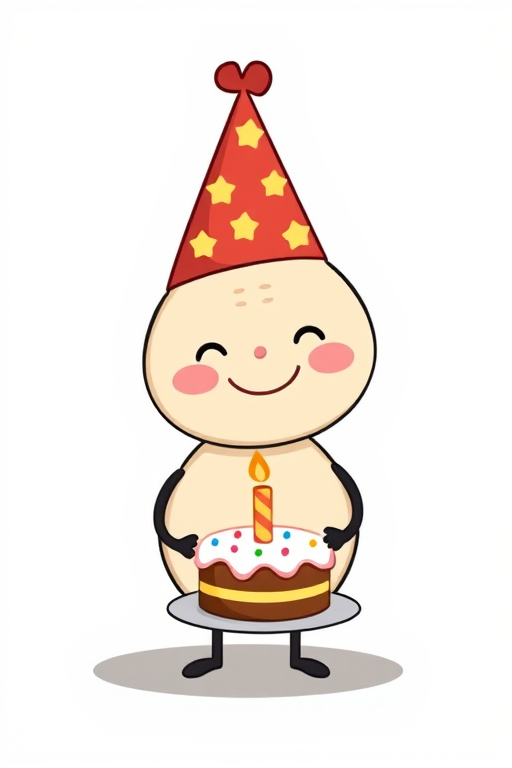 A cartoon character with a round body wearing a festive red party hat holding a cake with a candle on a plate smiling happily in a simple, colorful style.