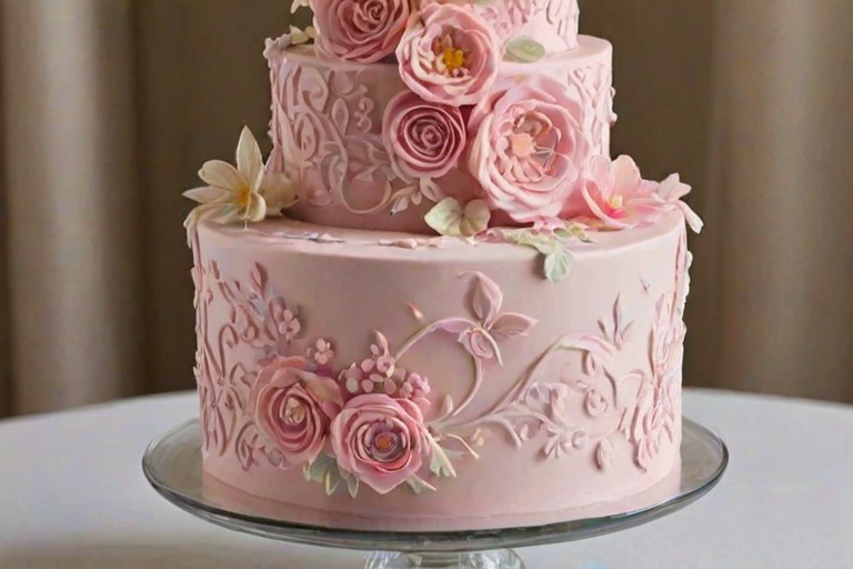 Generate an image of a three-tiered cake decorated with intricate floral designs. The cake should have a smooth icing finish in shades of pink, with various colorful flowers made of icing, including small blossoms and larger floral patterns. The overall look should be elegant and visually appealing, suitable for a special occasion.