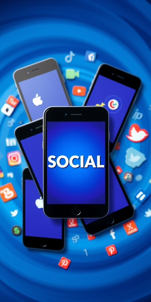 Create an image featuring multiple smartphones displaying the word "SOCIAL" prominently, surrounded by various social media icons and logos in a dynamic blue swirl background, captured with a DSLR camera at f/2.8 aperture, 35mm lens, 1/125s shutter speed, ISO 100, wide-angle view for enhanced depth and clarity.