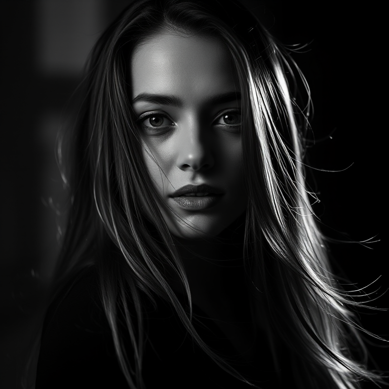 Create a high-contrast black and white portrait of a woman with long flowing hair, captured in low light with dramatic shadows, using a Canon EOS R5 camera, 85mm lens, f/1.8 aperture, ISO 100, shutter speed 1/200s, portrait mode, and soft lighting to enhance details and texture.