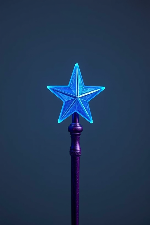 Create an image of a blue star wand with a purple handle, captured with a DSLR camera at f/2.8, ISO 100, 50mm lens, in a studio setting with soft lighting to enhance colors and reduce shadows.
