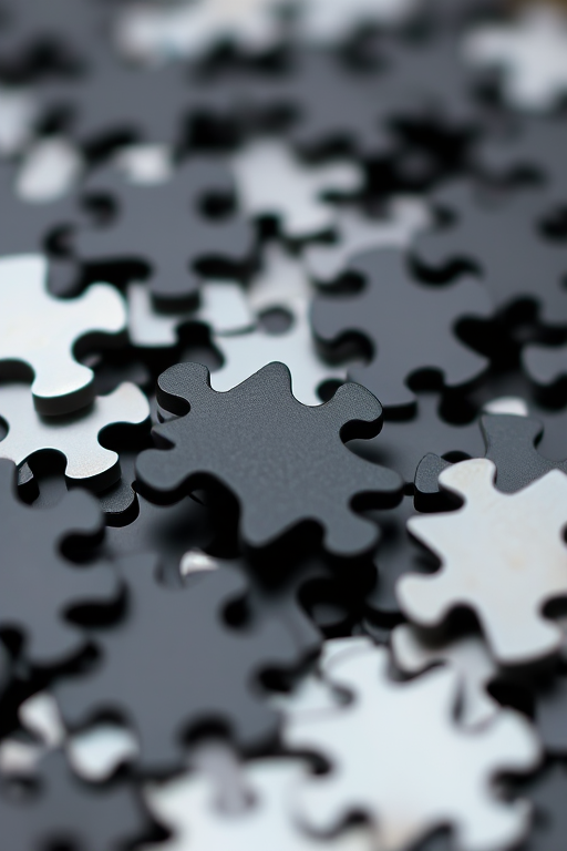 highly detailed close-up of a pile of black and silver jigsaw puzzle pieces, 50mm lens, f/2.8 aperture, ISO 100, natural lighting, shallow depth of field, DSLR camera, macro photography style
