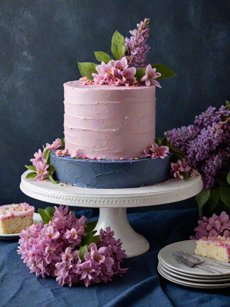 Generate an image of a beautifully decorated cake on a white cake stand. The cake features a pink frosting topped with edible flowers, particularly lilacs, and is placed on a table with a dark blue cloth. Surrounding the cake are small plates with fresh lilacs, adding a touch of elegance to the scene. The background should have a soft focus to highlight the cake as the centerpiece.