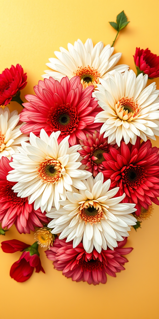 regenerate a floral arrangement featuring white and red chrysanthemums on a gold background using a macro lens with an aperture of f/2.8, 50mm focal length, natural lighting, shot from a top-down view, high-resolution digital camera
