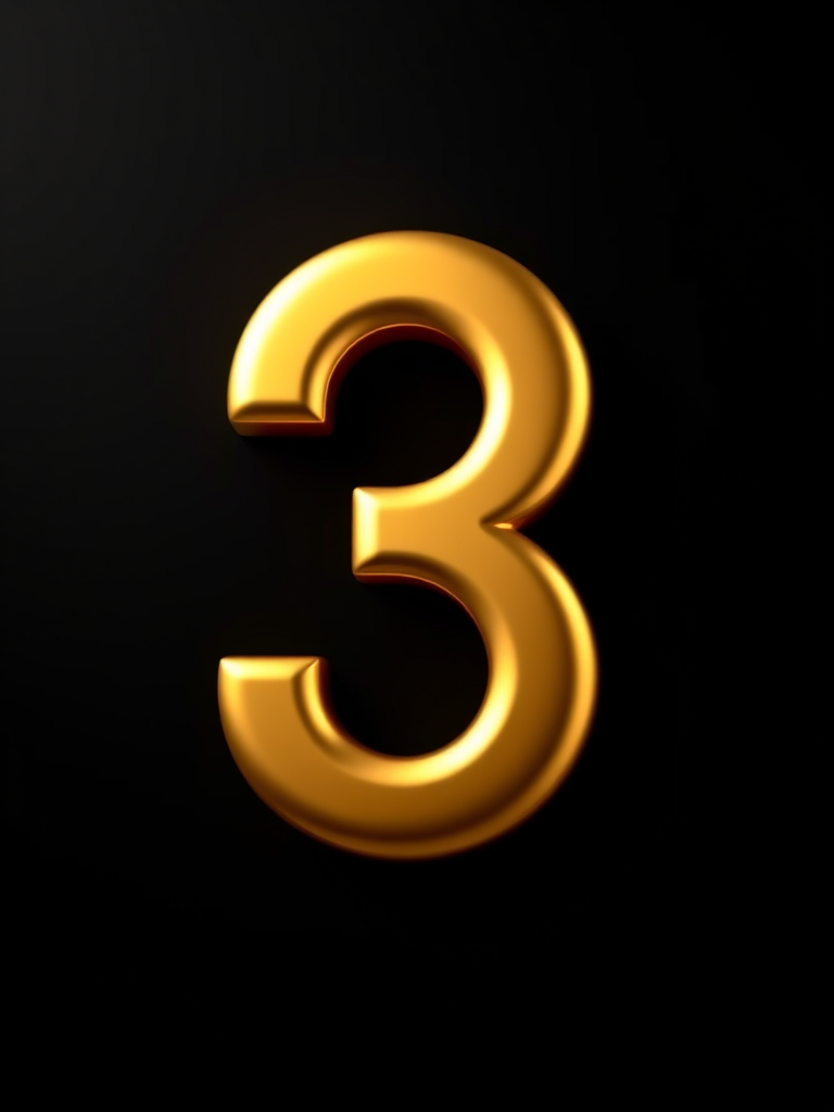 Create a 3D rendering of the number three in shiny gold with a smooth gradient and a soft shadow on a black background, shot with a DSLR camera at f/2.8, ISO 100, 50mm lens, utilizing a macro view and a studio lighting setup.