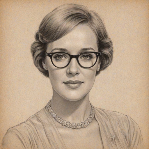 Graceful Julie Andrews, pencil sketch, portrait of Graceful woman 1932s in glasses, hair style beatnik, outline, clear lines, fine lines, 8k