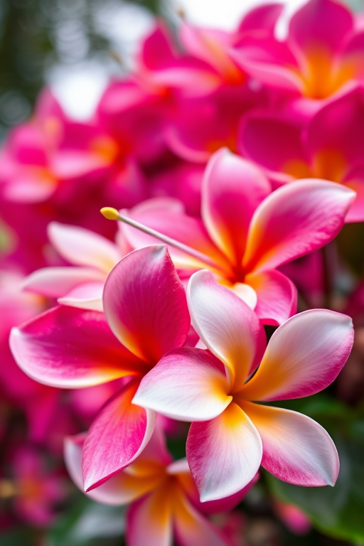 close-up of plumeria flowers with soft focus background of bougainvillea, vibrant colors, f/2.8 aperture, 1/200s shutter speed, ISO 100, natural light, macro photography, DSLR camera, 50mm lens