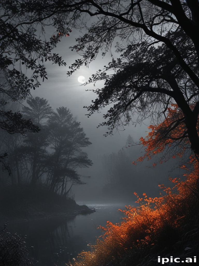 Serene Moonlit Night Over a Foggy River Surrounded by Dark Trees
