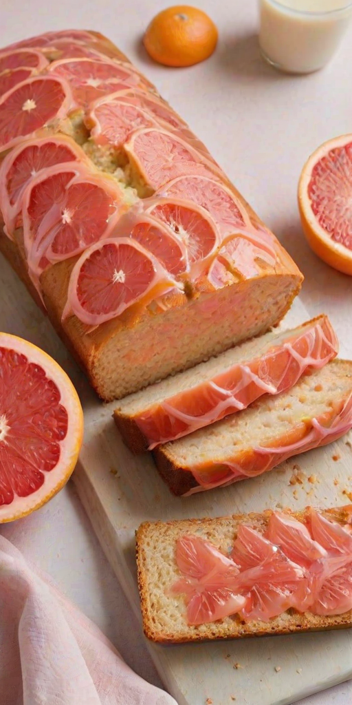 Create an image of a loaf of grapefruit glazed bread. The bread should be sliced, with some pieces laid out beside the whole loaf. The top should be drizzled with a light pink icing and adorned with vibrant grapefruit segments. The background should be simple and clean to highlight the bread.