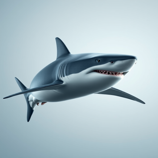 create a realistic 3D rendering of a great white shark swimming sideways with a smooth gradient background, using a Canon EOS 5D Mark IV camera at ISO 100, aperture f/8, shutter speed 1/250 sec, 35mm focal length, and enhanced with natural light for clarity and detail