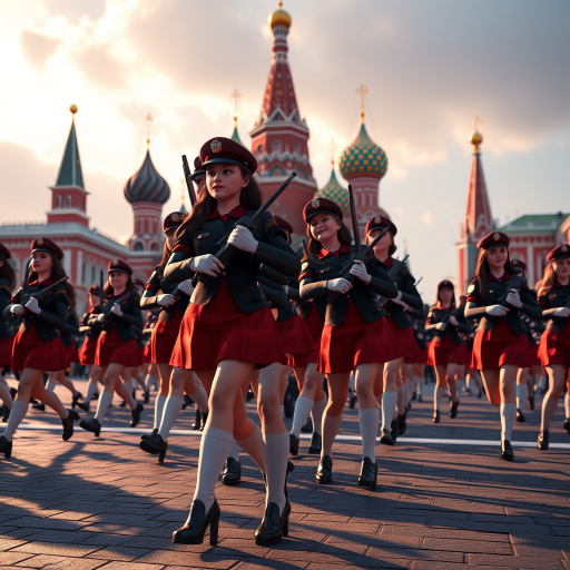 Cartoon 3D Military parade in Red Square in Moscow with military women wearing short skirts.
