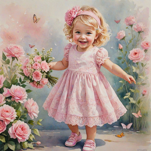 hyperrealism happy smiling toddler girl with messy wavy blonde hair with a headband, she is wearing a pink and white lace dress with pink and white shoes, she is holding a pink bouquet of flowers. Pink flowers and butterflies. summer background. Watercolor Highly detailed