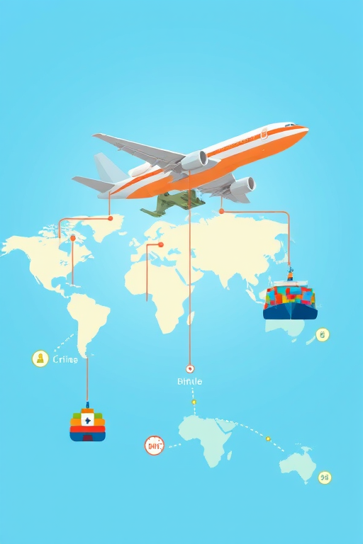 Create an infographic depicting global shipping logistics with an airplane, truck, and cargo ship connecting major world cities, using a 50mm lens, f/5.6 aperture, ISO 200, and a bright, vibrant color palette for clarity and impact.