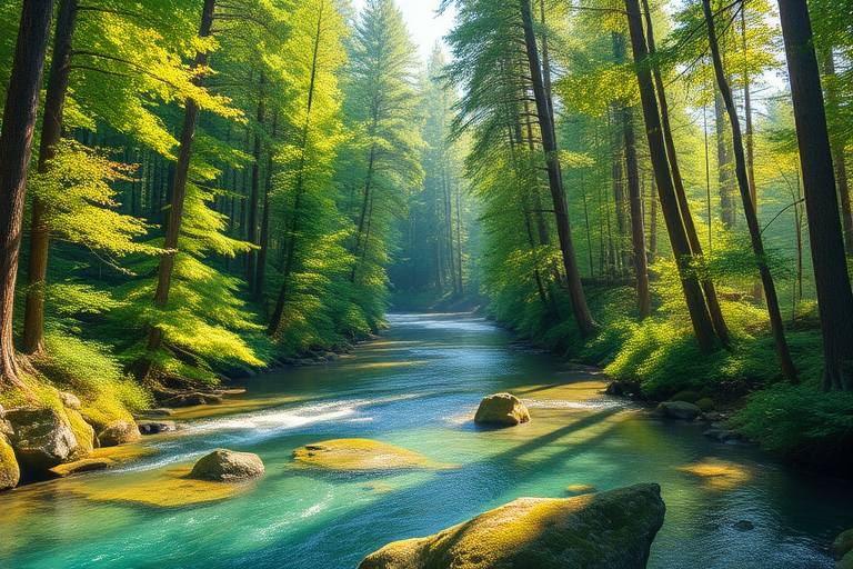 Create a high-resolution digital illustration of a serene forest landscape with a clear river flowing through, capturing vibrant greenery and sunlight filtering through trees, using a DSLR camera at f/8 aperture, ISO 100, 24mm lens, and a wide angle view for depth.