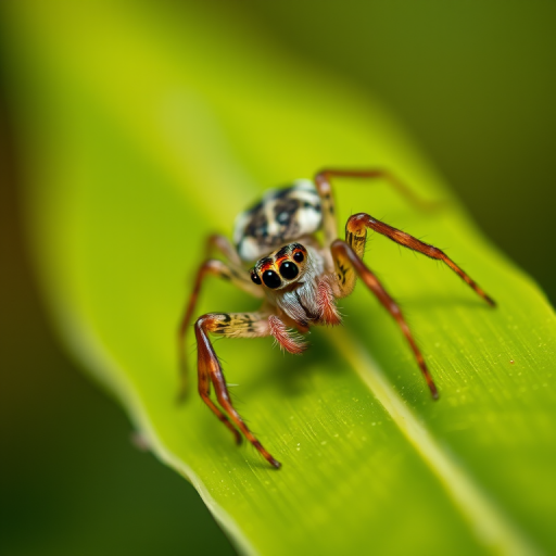 macro shot of a spider on a green leaf with shallow depth of field, 100mm lens, aperture f/2.8, ISO 100, natural light, focus on spider with blurred background, DSLR camera