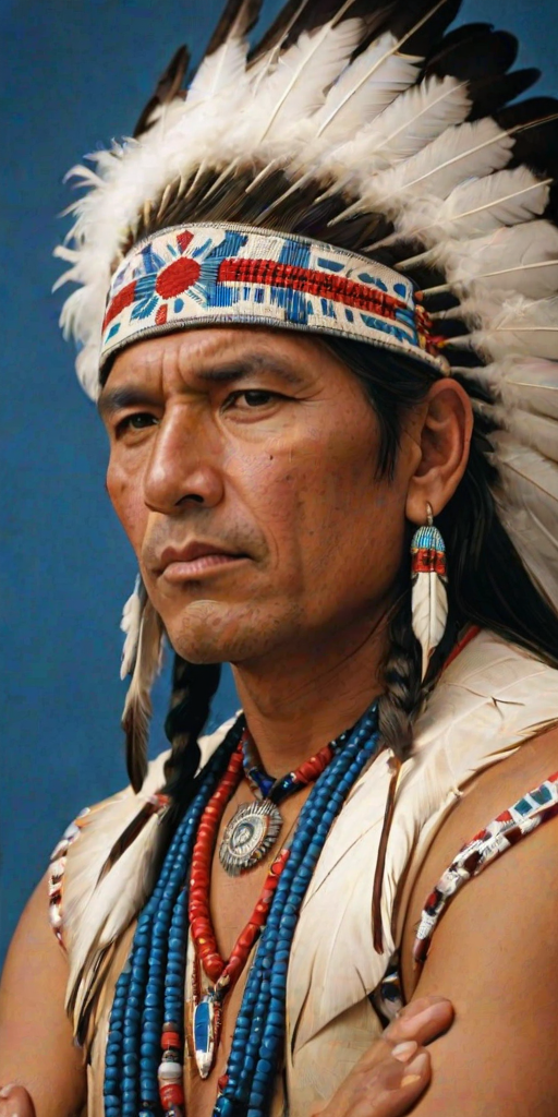 Create a dignified portrait of a Native American man dressed in traditional attire. He wears a beautifully crafted headdress adorned with white feathers and red beads, along with a beaded headband featuring intricate patterns. His clothing includes a deep blue, patterned shirt and a traditional chest piece with detailed beadwork. His arms are crossed, displaying leather armbands decorated with feathers. The background is simple and neutral, emphasizing his proud and stoic expression. The overall image captures the rich cultural heritage and strength of his persona.