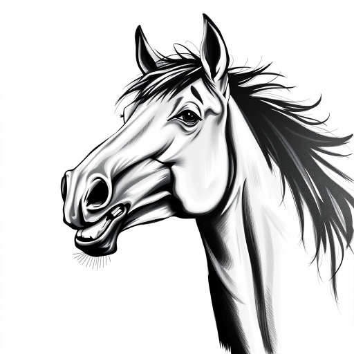Abstract black and white acrylic portrait of an over exaggerated laughing (horse). Minimalism style. White background.