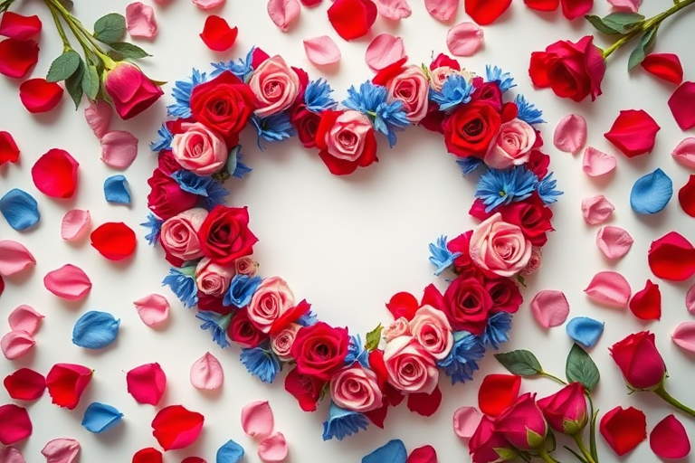 Generate a vibrant floral heart-shaped arrangement with red, pink, and blue roses and petals scattered around, captured with a Canon EOS R5, 50mm lens, f/2.8 aperture, ISO 100, soft diffused lighting, and a shallow depth of field for a dreamy effect.