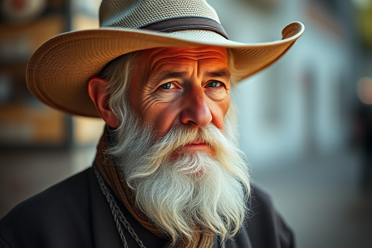 portrait of an elderly man with a long white beard and a wide-brimmed hat, soft focus background, f/1.8 aperture, 50mm lens, natural lighting, shallow depth of field, shot on a full-frame DSLR camera