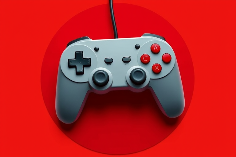 Create a high-resolution vector illustration of a classic video game controller on a vibrant red circular background, using a DSLR camera with a 50mm lens, f/2.8 aperture, and a shallow depth of field to create a professional, polished look.