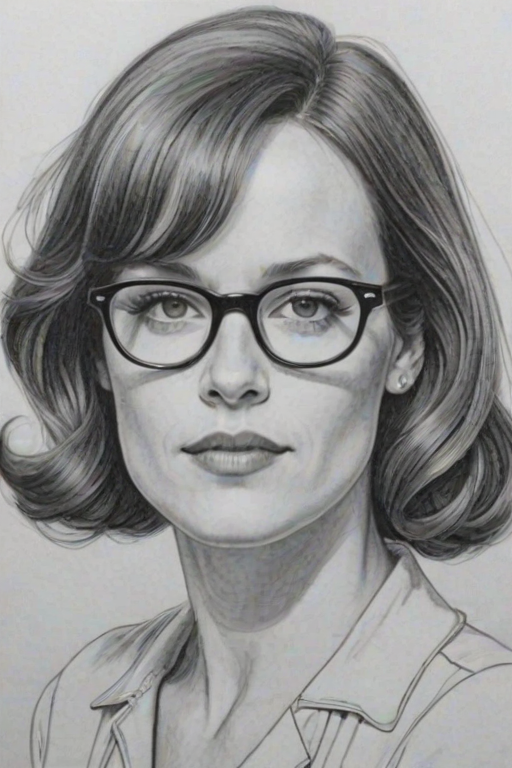 Dazzling Rosemarie DeWitt, pencil sketch, portrait of Appealing woman 1946s in glasses, hair style beatnik, outline, clear lines, fine lines, 8k