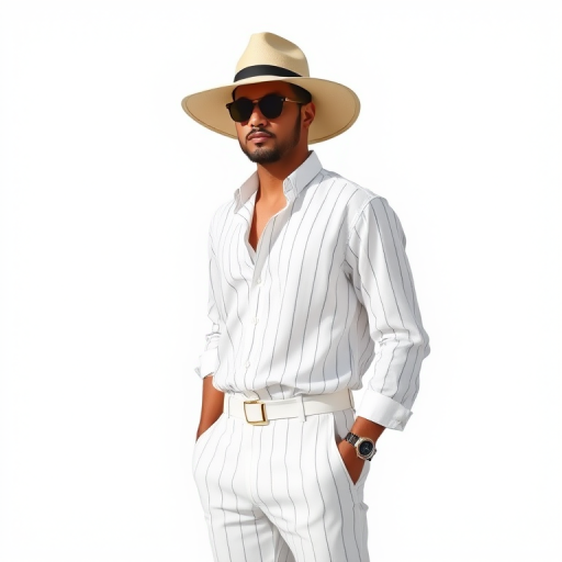 Create a full-body illustration of a man in a stylish white outfit with vertical stripes, wearing a wide-brimmed hat and sunglasses, standing confidently against a plain background, captured with a DSLR camera, 50mm lens, f/1.8 aperture, ISO 100, natural lighting for enhanced details and contrast.