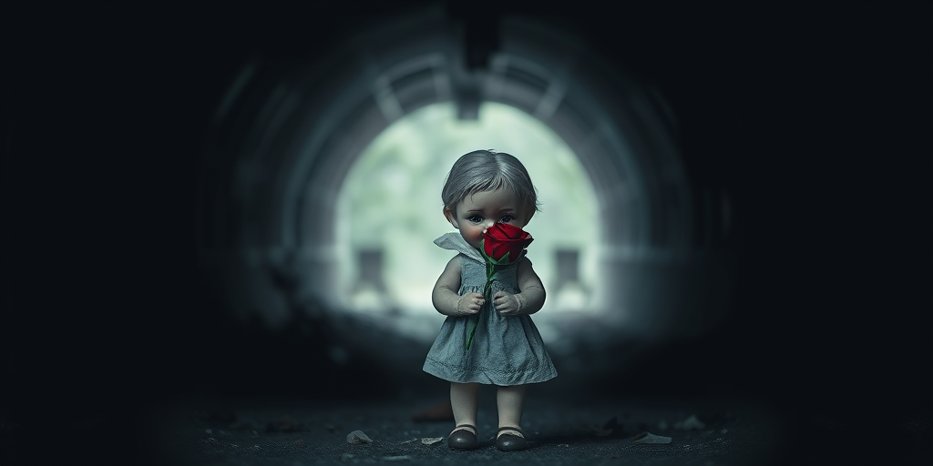 A distressed child doll holding a red rose stands in a dark, abandoned tunnel, captured with a Canon EOS 5D Mark IV, 50mm lens, f/1.8 aperture, ISO 100, 1/60 sec, with a shallow depth of field and a moody, monochromatic filter for dramatic effect.