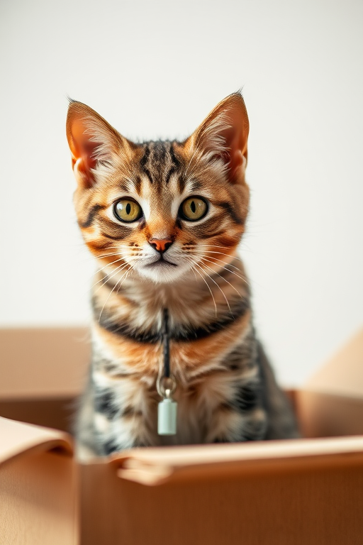A tabby cat sitting in a cardboard box with sharp focus and soft background, natural lighting, 50mm lens, f/1.8 aperture, ISO 200, shutter speed 1/100 sec, taken with a DSLR camera from a slightly elevated angle.