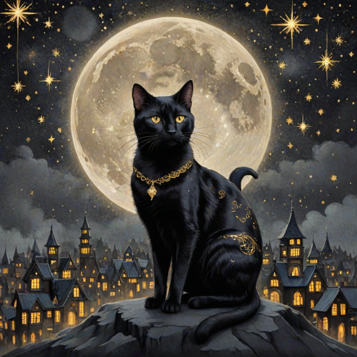 a stylized black cat with iridescent golden arabesques all over its body, on a grungy smoky black background with matching celestial designs, a full moon with silhouettes of lit houses, bright shooting stars, dazzling, magical BG, reminiscent of Christmas wonderland