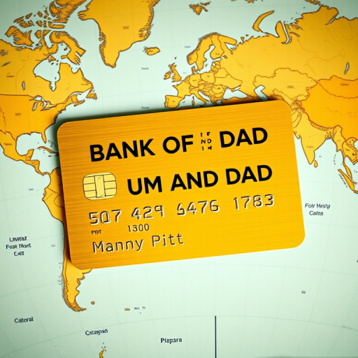 Create a high-resolution image of a gold credit card with the text "BANK OF MUM AND DAD", featuring a world map background, a chip on the left side, and the name "Manny Pitt" below the card number, using a DSLR camera with a 50mm lens, aperture f/2.8, shutter speed 1/60, ISO 200, and a top-down view to enhance image quality.