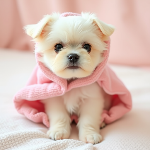 A small fluffy white dog wrapped in a pink towel sitting on a soft surface with a curious expression. The dog's big dark eyes and small nose are visible, creating an adorable and cozy appearance.