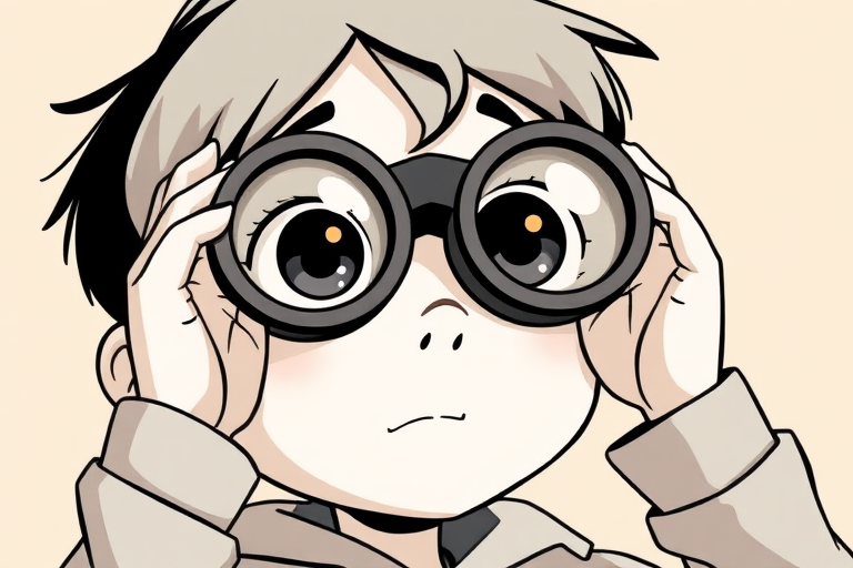 Regenerate a cartoon illustration of a boy with oversized eyes looking through binoculars, monochromatic color scheme on a beige background, shot with a Canon EOS R5 at f/5.6, 50mm lens, soft focus style, high dynamic range.