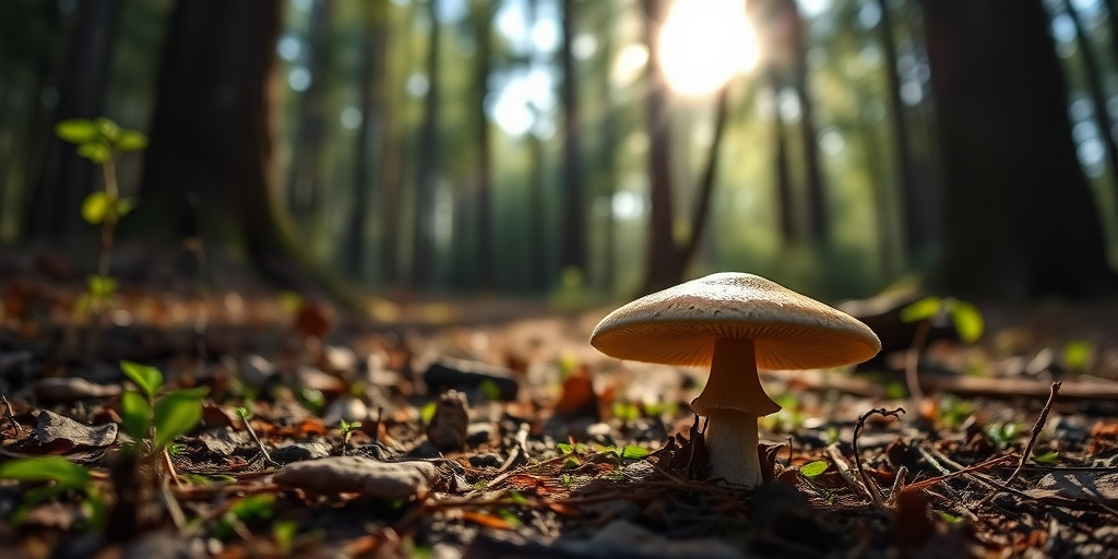 capture a low-angle shot of a mushroom in the forest with soft morning light filtering through the trees, use a DSLR camera with a 50mm lens, aperture set to f/2.8 for shallow depth of field, ISO 100 for minimal noise, and HDR settings for enhanced dynamic range