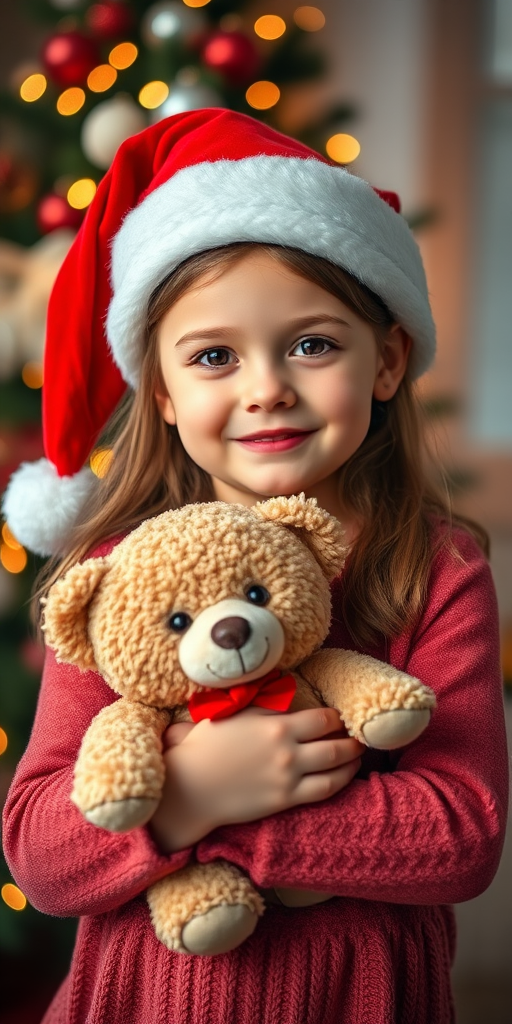 Create a portrait of a young girl wearing a Santa hat, holding a teddy bear, set against a festive Christmas background with a decorated tree and soft bokeh lights, captured with a 50mm lens, f/1.8 aperture, ISO 100, in natural light for vibrant colors and sharp details.