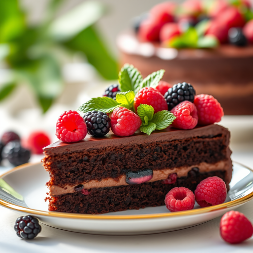 A beautifully arranged slice of chocolate cake with layers visible, topped with fresh raspberries, blackberries, and mint leaves, shot in soft natural light, using a 50mm f/1.8 lens, aperture set at f/2.8, ISO 100, with a shallow depth of field to create a blurred background effect.
