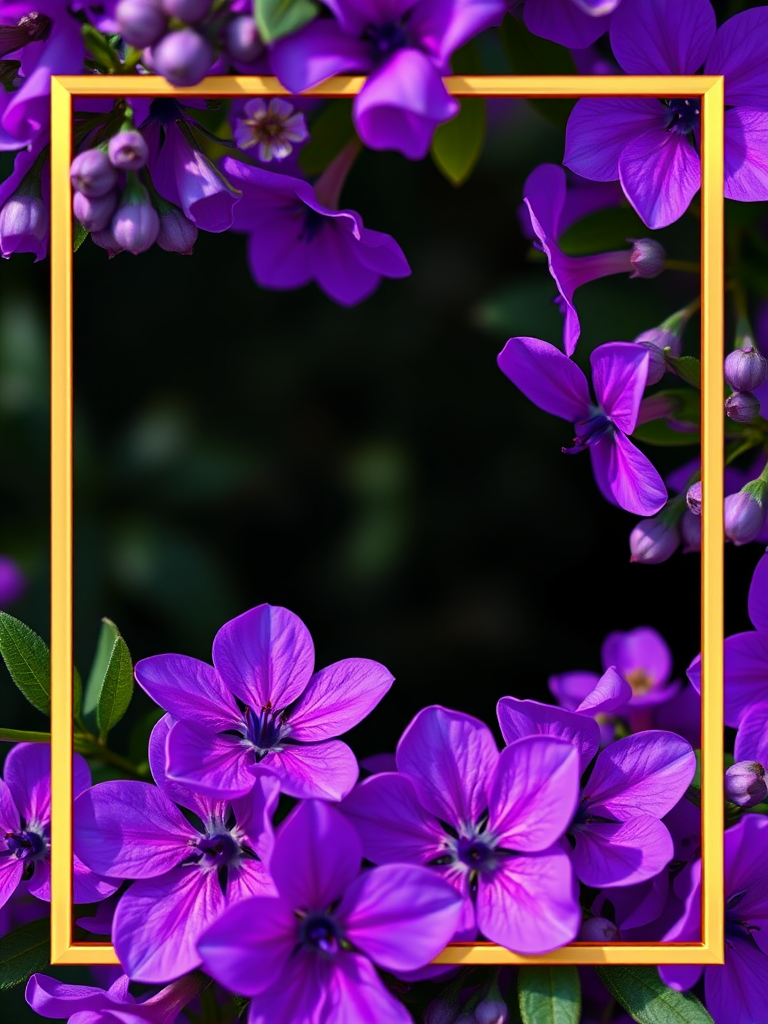 Create a high-resolution floral frame featuring purple flowers and a gold geometric border, shot in macro view with a DSLR camera, aperture f/2.8, ISO 100, using soft natural lighting to enhance color vibrancy and detail.
