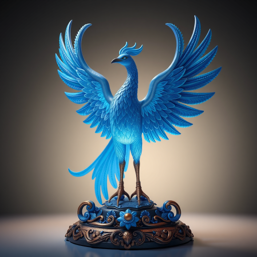 Create a highly detailed 3D rendering of a majestic blue phoenix with intricate feather patterns, standing on an ornate base, in dramatic lighting, using a Canon EOS R5 with a 50mm f/1.2 lens at ISO 100, f/2.8, and a shutter speed of 1/250s to achieve a sharp focus and rich textures.