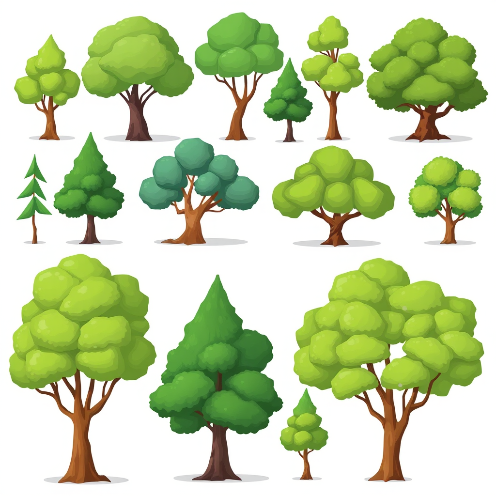 regenerate a set of cartoon-style trees with various shapes and shades of green against a simple white background