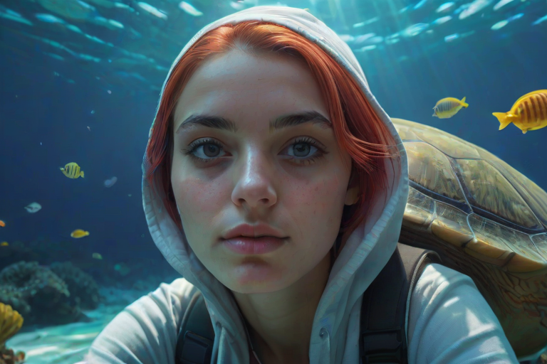 Realistic selfie image of a Turkish, wearing a vintage outfit, detailed dreamy eyes, droopy hooded eyes, staring at the camera, taken underwater at coral reef with a sunbeam filtering through the water, vibrant, summer vacation, natural lighting, turtle and school of tropical fish with vibrant colors, rendered in the style of CryEngine, Pegi Nicol MacLeod, with realistic genre scenes, hauntingly beautiful narratives, ultra-realism, and Thomas Saliot's close-up technique, 8K resolution, crystal clear and sparkling water.