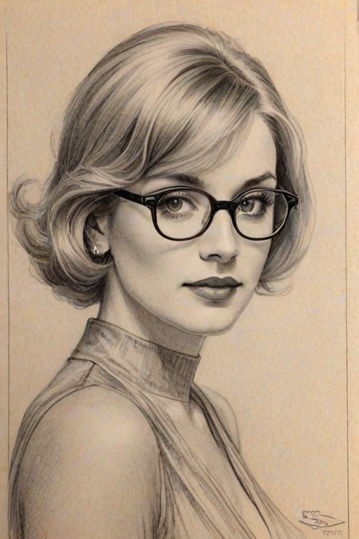 Delightful Crystal Bernard, pencil sketch, portrait of Stunning woman 1931s in glasses, hair style beatnik, outline, clear lines, fine lines, 8k