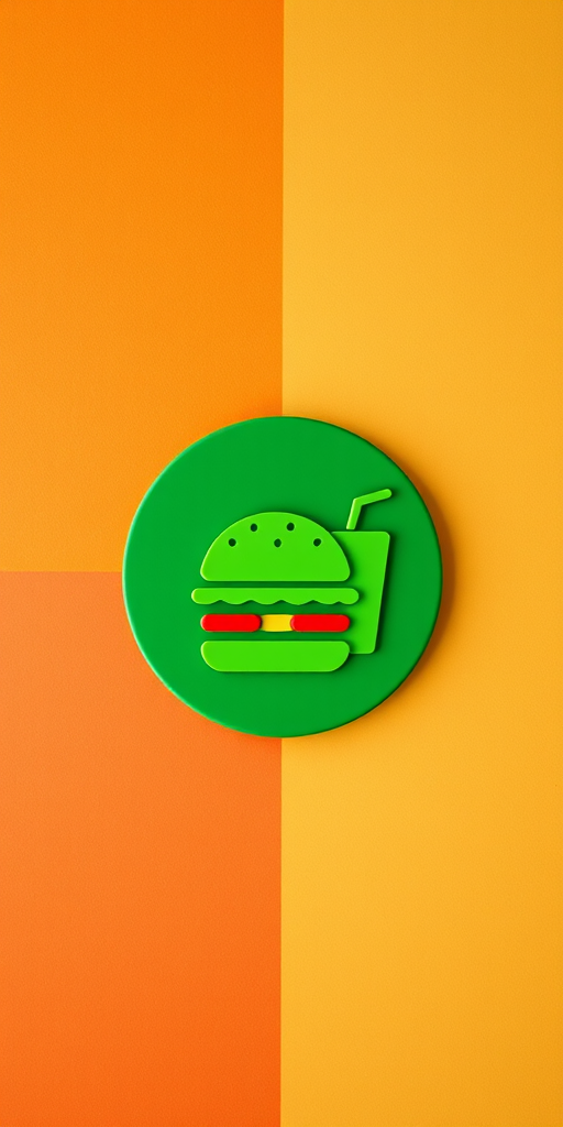 create a high-resolution image featuring a green icon of a burger and a drink on a contrasting background, use a DSLR camera with a 50mm lens, aperture set to f/1.8 for a shallow depth of field, soft natural lighting for enhanced clarity, shoot from a top-down view for better composition.