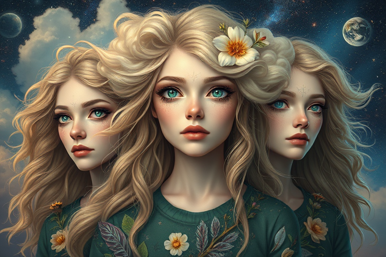 Create a series of imaginative portraits where each subject is infused with elements of fantasy and nature. The hair of the individuals should flow like clouds, varying from soft, fluffy cumulus to wispy cirrus strands, with hints of color reflecting a sunset or a clear blue sky. The eyes should be windows to entire galaxies, with stars, nebulae, and distant planets visible within them. Clothing should be adorned with nature motifs, such as floral patterns that bloom and change, vines that seem to grow and wrap around, or feathers that shimmer with iridescence. Each portrait should capture a unique personality, blending human features with the ethereal beauty of the natural and cosmic world. The backgrounds can vary, from starry night skies to enchanted forests, adding depth and context to the magical realism of the portraits
