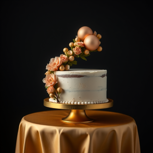 cake on a golden pedestal against a dark background, detailed decorations featuring flowers and spheres, soft lighting for a warm ambiance, DSLR camera settings aperture f/2.8, shutter speed 1/60 sec, ISO 200, 50mm lens, using macro photography style for intricate details and sharp focus.