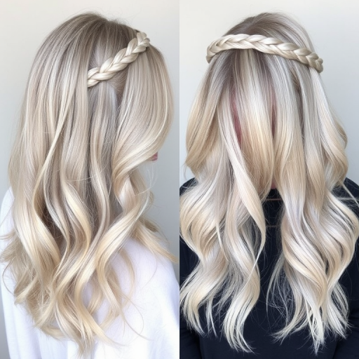 Cool ash blonde hair is transformed into the ethereal "Moonlit Haze" style. The long, layered cut is styled in soft, romantic waves that seem to float weightlessly. Pale silver highlights throughout create a subtle shimmer, while a delicate braided crown adds an elegant, otherworldly touch to this dreamy look.