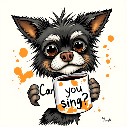 A quirky, artistic illustration of a disheveled chi chi dog breed with exaggerated, large eyes and spiky fur, holding a coffee mug that reads "Can you sing?". The dog has a tired but humorous expression, with Mango ink splatters